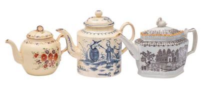 Three English creamware and pearlware teapots and covers: the first decorated in blue with a