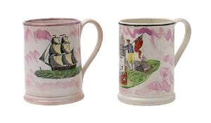 A Sunderland pink lustre frog mug and one similar: the first with a coloured print of the 'Mariners