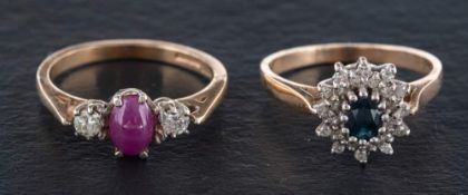 Two 9ct gold gemset rings,: including a cabochon-cut, oval ruby and round,