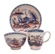 A Liverpool trio: decorated in underglaze blue and iron-red with a chinoiserie design heightened in
