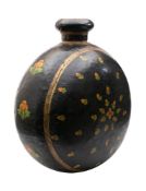 A large Indian painted tin moon-shaped vase: with all over floral decoration to a black ground,
