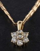 A 9ct gold CZ cluster pendant and fancy-link chain,: both with partial hallmarks for Birmingham,