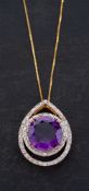 A 9ct gold amethyst and white paste pendant,: calculated weight of amethyst ca.