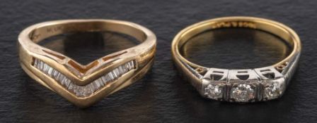 Two diamond rings,: including a diamond three-stone ring, estimated total diamond weight ca. 0.