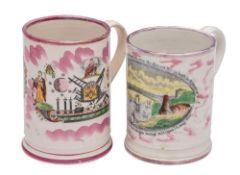 A Sunderland pink lustre 'Masonic' frog mug and 'A West View of the Cast Iron Bridge...