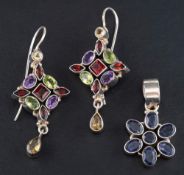 A pair of gemset earrings and a gemset pendant,: the earrings including garnet, peridot,