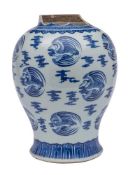 A Chinese blue and white 'cranes' baluster vase: painted with cranes flying amongst cloud scrolls