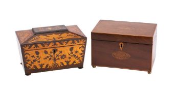 An early 19th Century mahogany and inlaid tea caddy: of rectangular outline,