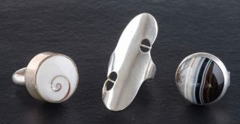Three silver gemset rings,: including a cabochon-cut sardonyx ring, with maker's mark 'VM',