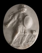 A marble relief oval panel: depicting a Neo-classical warrior,