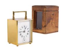 An Edwardian French carriage alarm clock: the eight-day duration timepiece movement having a