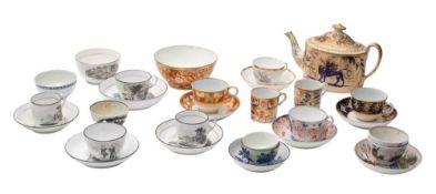 A mixed group of late 18th/early 19th century English painted and bat printed porcelain teawares: