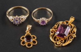 Two gemset pendants and two gemset rings,