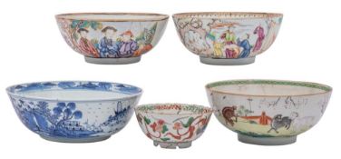 A group of five Chinese bowls: in famille rose, famille verte and blue and white,