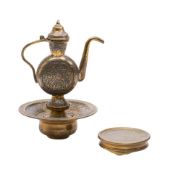 An Eastern brass and silver inlaid miniature coffee pot: of traditional design, 15cm high,