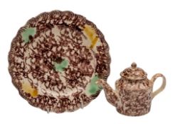 A Whieldon-type tortoiseshell-ware creamware plate and a similar miniature teapot and cover: the