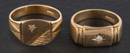 Two 9ct gold, diamond, signet rings,: including a ring with a round, brilliant cut diamond ca. 0.