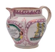 A Sunderland pink lustre ship jug: enamelled and printed either side with a man o' war and a brig,