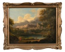 Thomas Luny [1759-1837]- Upland landscape, figures and shepherd in the foreground, village beyond,