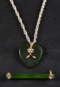 A nephrite pendant and brooch,: a 9ct gold heart-shaped, seed pearl and nephrite pendant,