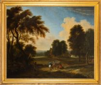 Attributed to Jan Wynants [1632-1684]- An extensive wooded landscape with riders on a path and dogs