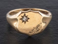 An 9ct gold, round, brilliant-cut diamond signet ring,: estimated diamond weight ca. 0.