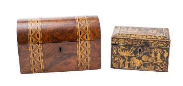 A 19th century Chinese export lacquer two division tea caddy: 18cm wide,