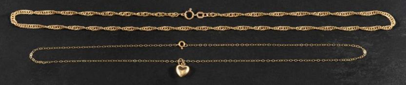 A 9ct gold herringbone-link chain, heart-shaped pendant and a cable-link chain,