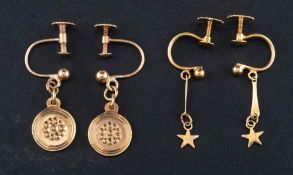 Two pairs of drop earrings,: a pair of 9ct gold earrings with circular pendants,