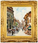 James Kay [1858-1942]- A busy street scene,:- a flower market,