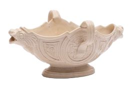 A Staffordshire saltglaze double-lipped sauceboat: of silver shape with reeded loop handles and