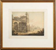 Attributed to William Pars [1742-1782]- View near Rome, stone ruins in the foreground,