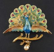 A ruby, diamond, emerald, pearl and vari-coloured enamel peacock brooch,