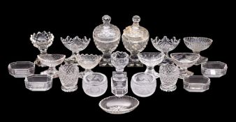 A mixed group of 19th Century cut-glass salts and a pair of covered jars: including late Georgian