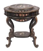 A Victorian black lacquered, painted and mother-of-pearl inlaid work table, circa 1860,