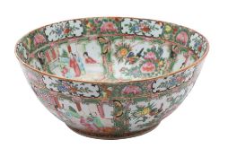 A Chinese Canton famille rose bowl: painted in traditional style with terrace scenes, butterflies,