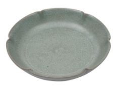 A Chinese crackle-glazed celadon dish: of shallow foliate form, 13.5cm and fitted case.