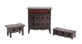 A Brittany/Quimper miniature armoire: of rectangular outline with galleried frieze above two