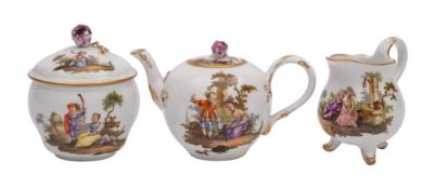 A Meissen three-piece tea service of small size: painted with children in classical landscape