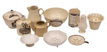 A group of late 18th/ 19th century English small creamware items: including a tea canister and