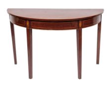 A George III mahogany and chequer strung demi-lune side table, late 18th century,