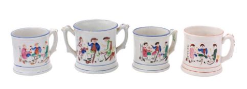 A late 19th century Staffordshire frog loving-cup and three similar mugs [one 20th century]: all