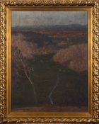 European School early 20th Century- Distant view along a river valley,