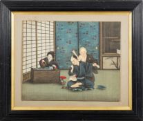 A Japanese painting on silk: depicting a man smoking an opium pipe whilst tea is prepared and an