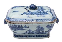 A Chinese blue and white tureen and cover: with rabbit head handles and pomegranate finial,