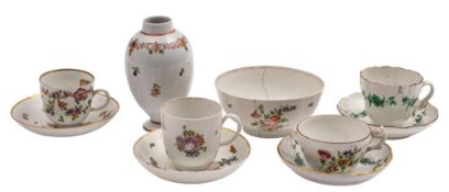 A Bristol polychrome tea canister and a group of nine similar teawares: painted with flower sprays