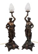 A pair of metal figural lamps: in the form of Neo-classical maidens in robes,