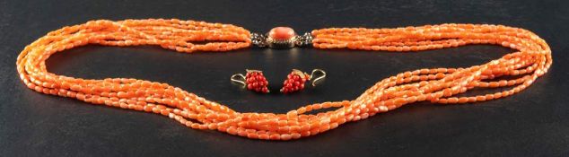 A pair of coral earrings and necklace,