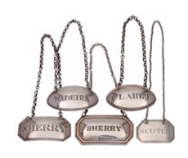 Five various silver wine labels, various makers including Peter and William Bateman, various dates:,