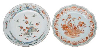 A Chinese verte/imari charger with shaped rim and a famille verte charger: the first painted with a